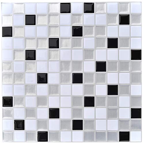 Profsticker Borde de azulejos de vinilo Autoadhesivo 3D Pegatina Cubierta Borde decorativo Impermeable Cocina Baño (Mosaico negro-plata-blanco, 9)