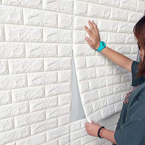 10 Paneles de pared autoadhesivos con apariencia de piedra 3D 70 x 77 cm Espuma de PE DIY Decoraciones de pared de piedra de ladrillo en relieve (Blanco)