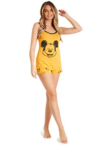 Pijama corto de mujer Disney, conjunto de verano de algodón de Mickey o Minnie Mouse, pijama de mujer con camiseta sin mangas y pantalones cortos, regalos para mujer XS-XL (mostaza, M)