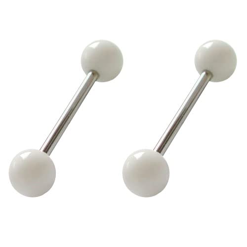 Shop, 2 piercings para lengua, bolas acrílicas blancas de 6 mm, barra de acero quirúrgico 316L de 16 mm de largo y 1,6 mm de grosor.  (GLE2217Z2a)