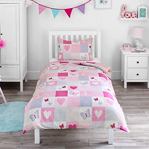 Bloomsbury Mill - Juego de ropa de cama para niños - Funda nórdica y funda de almohada 135 cm x 200 cm - Diseño de mosaico de corazones y mariposas