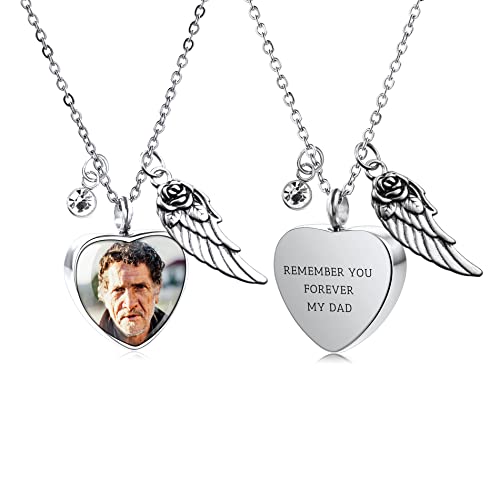 OTXIXTO Collar con colgante de alas de ángel con foto/nombre grabado personalizado para hombres, mujeres y niñas, recuerdo conmemorativo de acero inoxidable (plata)