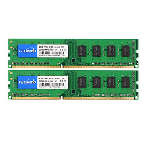 TECMIYO 8GB DDR3 (2 X 4GB) PC3-10600U Memoria RAM DDR3 1300MHZ DIMM DDR3-1333 UDIMM 2RX8 Dual Rank CL9 1.5V 240 Pin Sin búfer No ECC Udimm Memoria de escritorio RAM para sistema Intel AMD