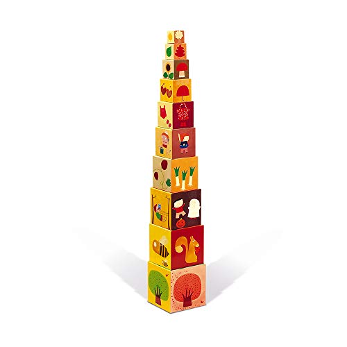 Janod - J02917 - Pirámide cuadrada de las 4 estaciones con bloques apilables, juguete de manipulación para niños a partir de 1 año