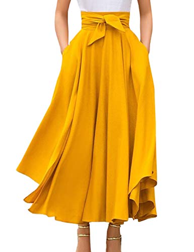 SOMTHRON Falda larga plisada de cintura alta vintage para mujer con lazo Elegante falda monocromática Volantes Falda larga de verano S-2XL