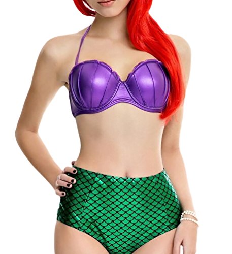 MissFox Push Up Bikinis Disfraz De Sirena Cintura Alta Bañadores para Mujer Morado Verde M