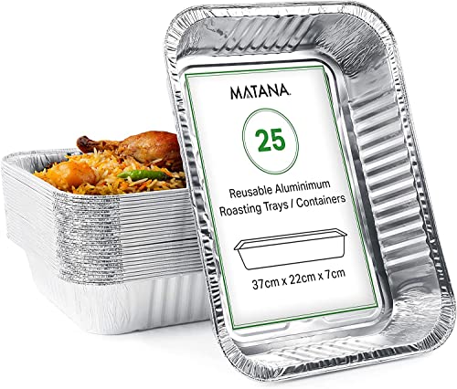 MATANA - 25 sartenes premium desechables grandes de aluminio con tapa - 5000 ml / Ideal para hornear, transportar y congelar alimentos de forma segura