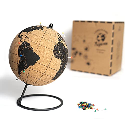 TRIPVEA - Globo terráqueo negro con corcho (Tamaño globo 20 cm) - Globo terráqueo que gira sobre soportes metálicos - Globos grandes para decorar y marcar viajes - Mapa interactivo para niños