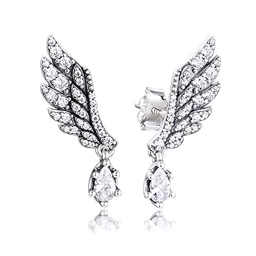 FUNSHOPP 925 pendientes de alas de ángel de invierno de plata esterlina para mujer se ajustan a pulseras Pandora originales
