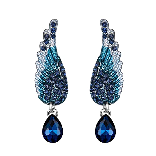 EVER FAITH Fashion Angel Wings Blue Esmalte Fish Hook Pendientes para mujer