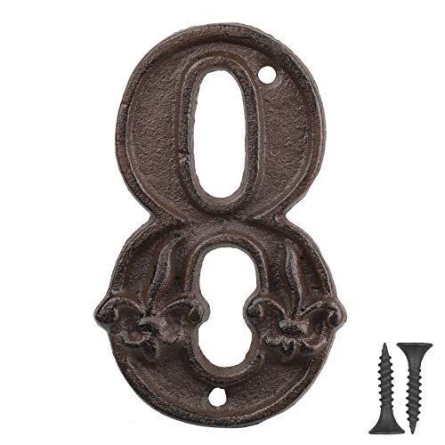 Vandicka Números de hierro forjado para indicar la numeración de casas, puertas y calles, marrón envejecido, acabado óxido con estampado de flor de lis, 12 cm, 8