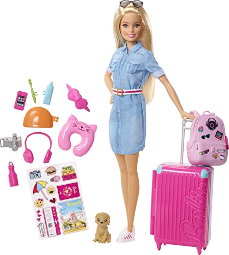 Muñeca de viaje Barbie - Set de viaje con maleta rosa y perro - Más de 10 accesorios - Con pegatinas - Regalo para niños de 3 a 7 años