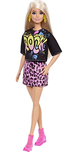 Muñeca Barbie fashionista rubia con top de roca, falda de guepardo y accesorios de moda (Mattel GRB47)