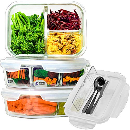 Recipientes y cubiertos de vidrio para alimentos Home Planet de 3 compartimentos |  1050 ml × 3 |  Eliminación del 97 % de los envases de plástico |  Recipientes de vidrio para alimentos |  Horno microondas