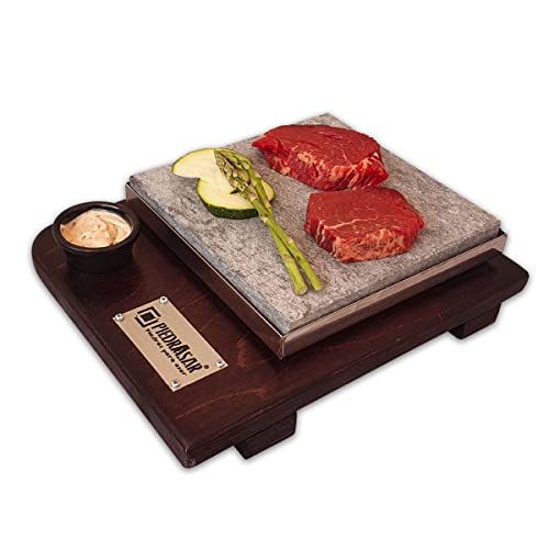 Piedra para asar carne a la piedra 20x20cm Promo 8 piezas Modelo PR Nogal con base de madera Personalizada