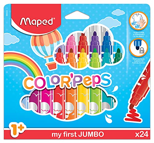 Maped - Marcadores de color para niños - Color's Peps My First Jumbo - 24 marcadores de punta grande - Apto para mayores de 1 año - Tinta ultra lavable - Variedad de colores