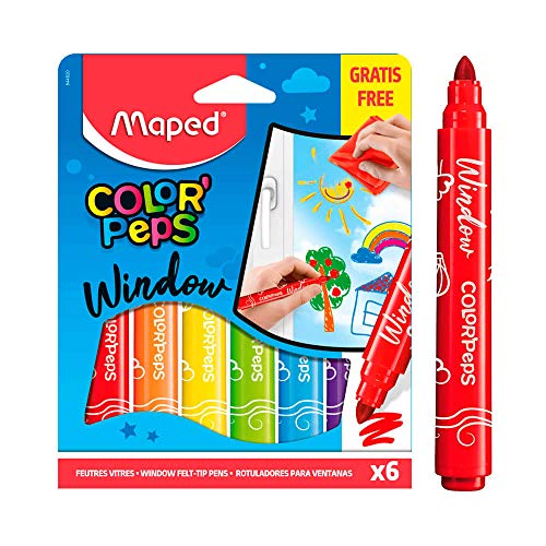 Maped - Marcadores de colores para niños - Ventana de Peps de Color - 6 marcadores de vidrio de punta grande - Incluye paño de limpieza - Fácil de limpiar con tinta de agua - Diseño de gran diámetro