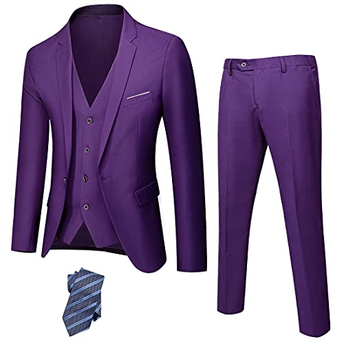 YND Traje ajustado de 3 piezas para hombre, con un botón, chaqueta sólida, chaleco con corbata, Deep Purple, XL