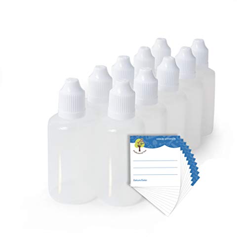 Botellas de líquido ProfessionalTree de 10x50 ml para dispensación y almacenamiento de líquidos limpios - Tapón de rosca con bloqueo de seguridad para niños