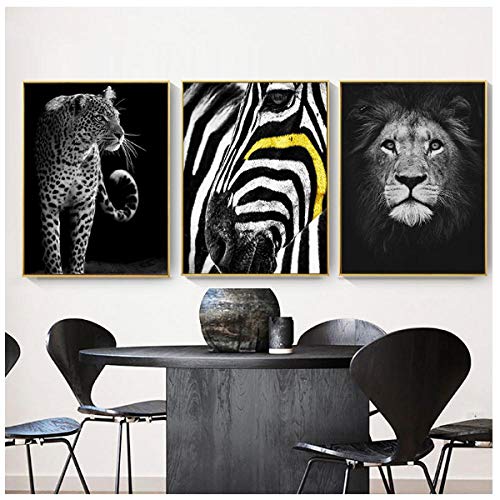 Jwqing - Lienzo con estampado de animales salvajes en blanco y negro, pintura de león, leopardo, cebra, cuadro de pared para pared de salón (40 x 60 cm x 3 sin marco)