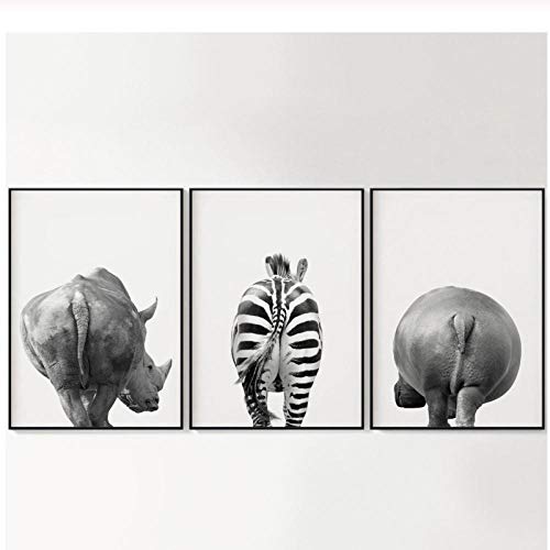 Mmdianpu Divertido Arte Impresión Animales Rinoceronte Cebra Hipopótamo Blanco Negro Lienzo Pintura Cuadros de pared Pósteres para habitación de niños Decoración del hogar (50x70cmx3 Sin marco)
