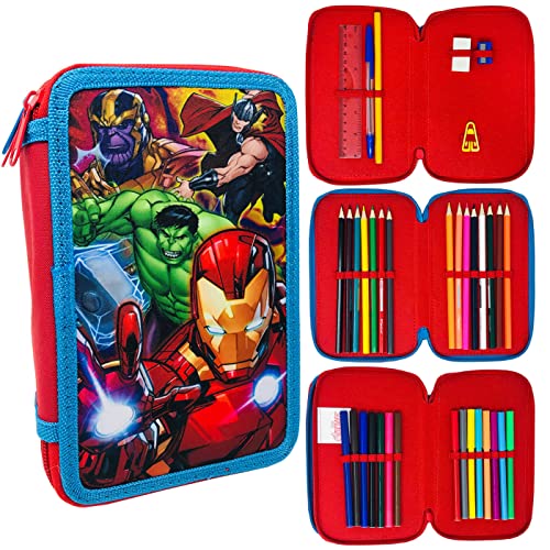 Kit 3 Cremalleras 3 Niveles The Avengers Marvel School Estuche Niño 20cm, Estuche 36 Piezas, Color Azul y Rojo
