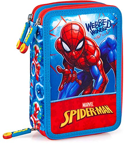 Spiderman - Mochila escolar original con 3 cremalleras con 44 piezas (rojo/azul).