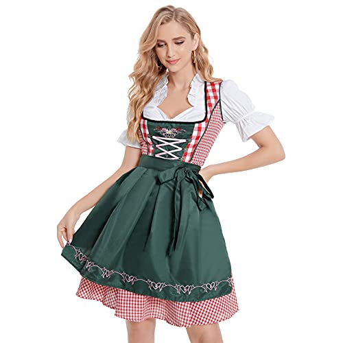 Heflashor - Disfraz de Dirndl de 3 piezas para mujer, vestido de fiesta de Oktoberfest bávaro, disfraz de carnaval tradicional para niñas, blusa, delantal, traje (C# rojo, L)