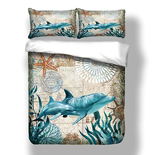 Superb Mystery Sea Animal Travel Map Sticker Ropa de cama con funda de almohada Azul 3D Seahorse Dolphin Funda nórdica Invierno Otoño (Dolphin, 220x240cm para cama de 150cm)