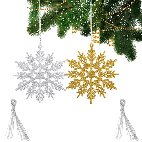 FLOFIA 24pcs Copos de Nieve Colgante Adorno para Árbol De Navidad Copo de Nieve Artificial con Purpurina 10,5cm Decoración Navidad Ornamento Navideño Hogar Pard Ventana Escaparate (Oro + Plateado)