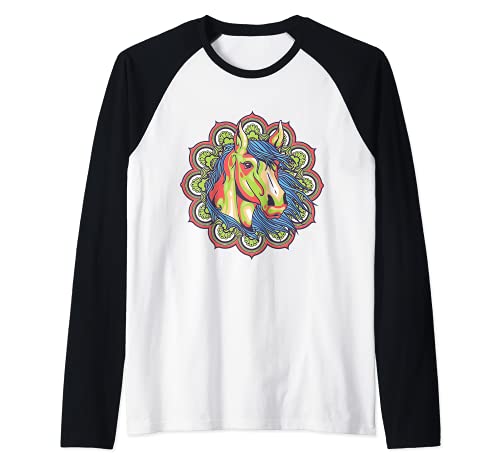 Camiseta de manga raglán para mujer con diseño de caballo ecuestre y mandala.