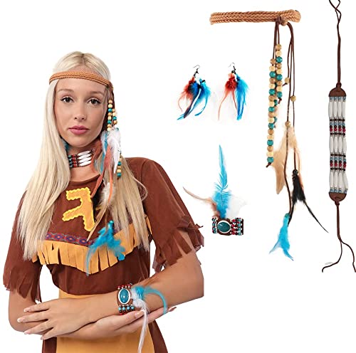 Conjunto de disfraces indios para mujer Diadema de plumas con cuentas Collar indio Pulseras y pendientes Hippie indio Boho Accesorios de disfraces indios 5pcs