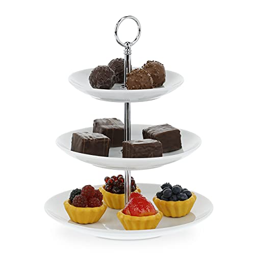 Relaxdays - Soporte para tartas de 3 niveles, platos redondos para cupcakes, galletas, frutas, brownie, porcelana y metal, color blanco y plateado, 23 x 18 cm