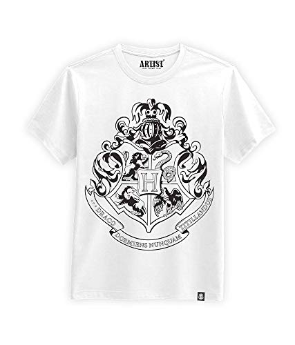 Camiseta Hogwarts con escudo blanco y negro de Harry Potter Color blanco.  ESO