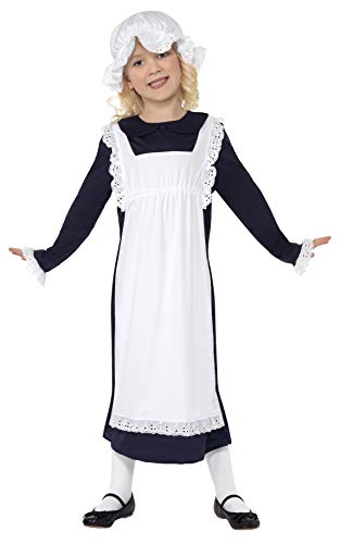 Smiffys-33714L Disfraz de niña pobre victoriana blanca con vestido de delantal y sombrero con cuello en V, color, edad L 10-12 años (Smiffy'S 33714L)