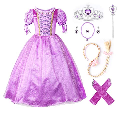 JerrisApparel - Vestido de fiesta de princesa para niña, disfraz de carnaval morado (110 cm, morado con accesorios)