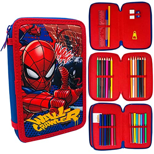Kit 3 Cremalleras Spiderman Marvel Maletín Escolar Niño Kit 3 Niveles 20cm, Caja 36 Piezas, Color Azul