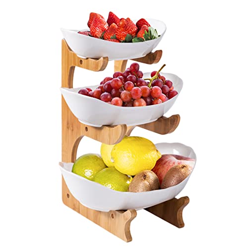 Withosent - Frutero de cerámica de 3 niveles, cesta de frutas con soporte de bambú, frutero de cocina moderno para verduras, frutas, aperitivos, pasteles, pan