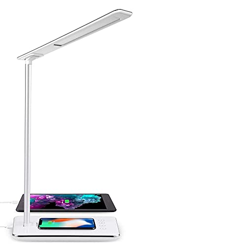 Lámpara de escritorio LED táctil: cargador inalámbrico rápido Qi para todos los teléfonos Qi y puerto USB, lámparas de mesa plegables regulables, 5 niveles de brillo, 4 colores