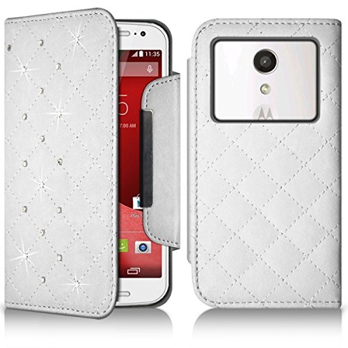 Seluxion Universal White M Diamond Pattern Folio Case con tarjetero para Motorola Moto G () 2nd Generation