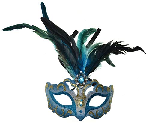 VENTURA TRADING MX6 Máscara de mascarada azul Máscara veneciana Decoración de plumas Disfraz de mascarada femenina Fiesta de baile Caminar