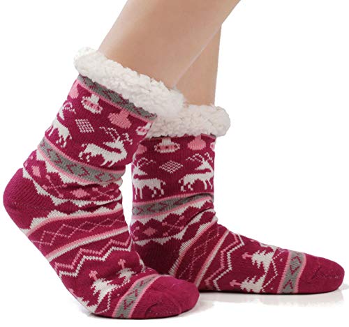JARSEEN Mujeres Hombres Calcetines de Navidad Invierno Cálido Zapatillas de Casa Super Suaves y Cómodos Calcetines Antideslizantes (Ciervo Rojo, EU 36-42)