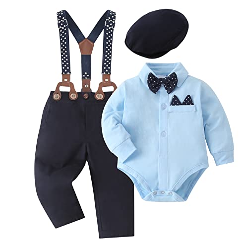 SOLOYEE Conjunto de ropa para bebé niño camisa + pantalón 3 piezas vestido de bautismo traje trajes de boda azul, 12-18 meses