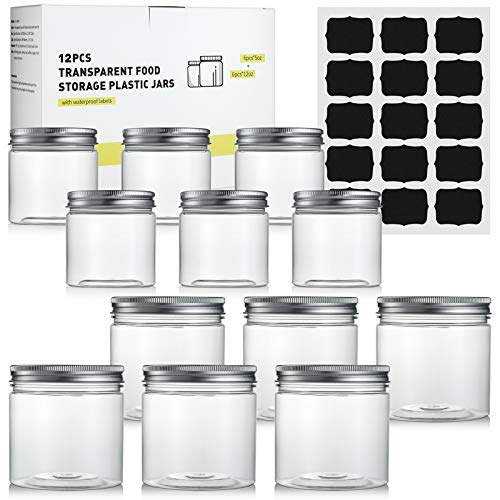 12 tarros pequeños de plástico transparente sin BPA con tapa de rosca de aluminio (6 piezas x 350ml, 6 piezas x 150ml, 15 piezas de etiquetas de pizarra negra)