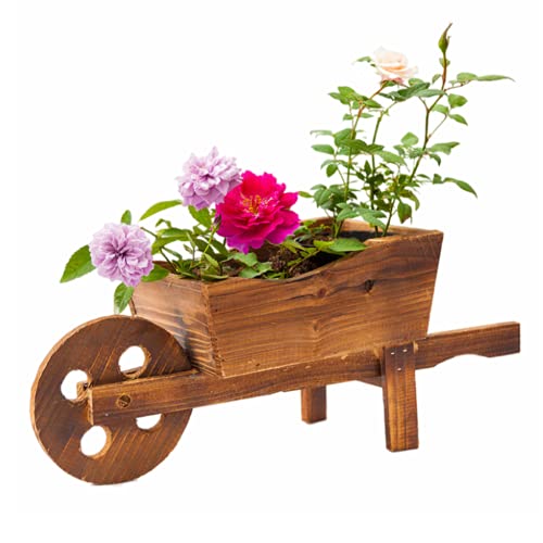 WUHUAROU Wagenrad Macetero decorativo de madera con carretilla para flores, macetero de madera marrón, 45 x 19 x 20 cm