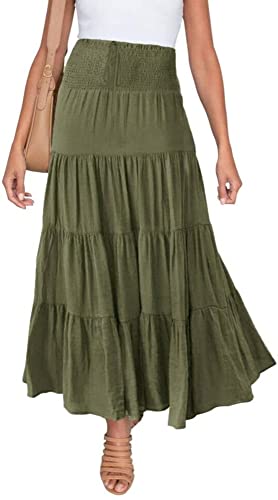 ELizoop Falda bohemia de cintura alta elástica para mujer Faldas largas con volantes en forma de A (Verde, S)