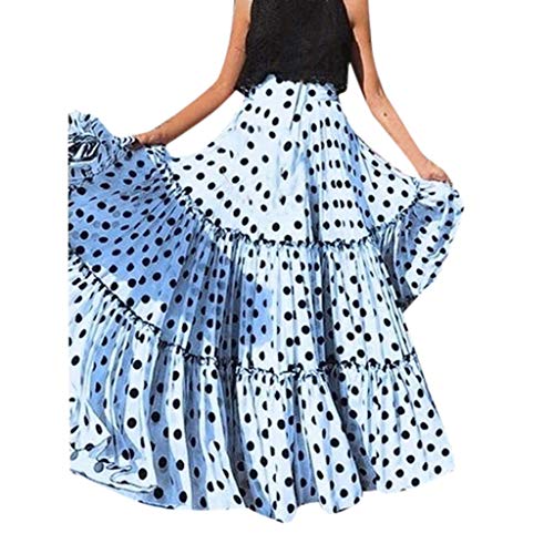 QinMMROPA Falda plisada de lunares de cintura alta para mujer Falda larga con volantes anchos Falda elegante azul Sevilla 5XL (cintura: 86 cm / 33,86 pulgadas)
