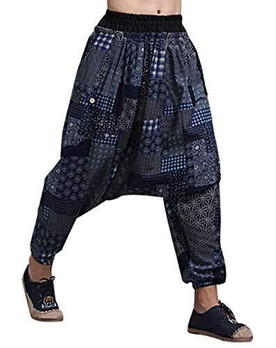 MAFANBUYI - Pantalones de harén de yoga florales sueltos Cómodos pantalones de harén casuales de talla única Aladdin de entrepierna ancha para hombres y mujeres - Azul