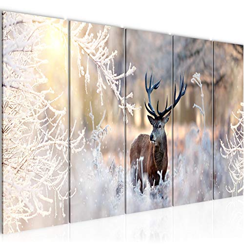 Runa Art Canvas XXL Winter Deer 200 x 80 cm Beige 5 Piezas - Made in Germany - 004155a