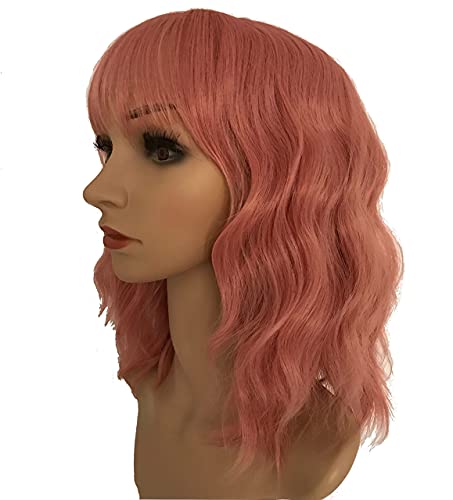 Peluca rosa corta para mujer con flequillo Bob ondulado Longitud del hombro sintética 12 pulgadas o 30 centímetros Cómoda y fácil de ajustar